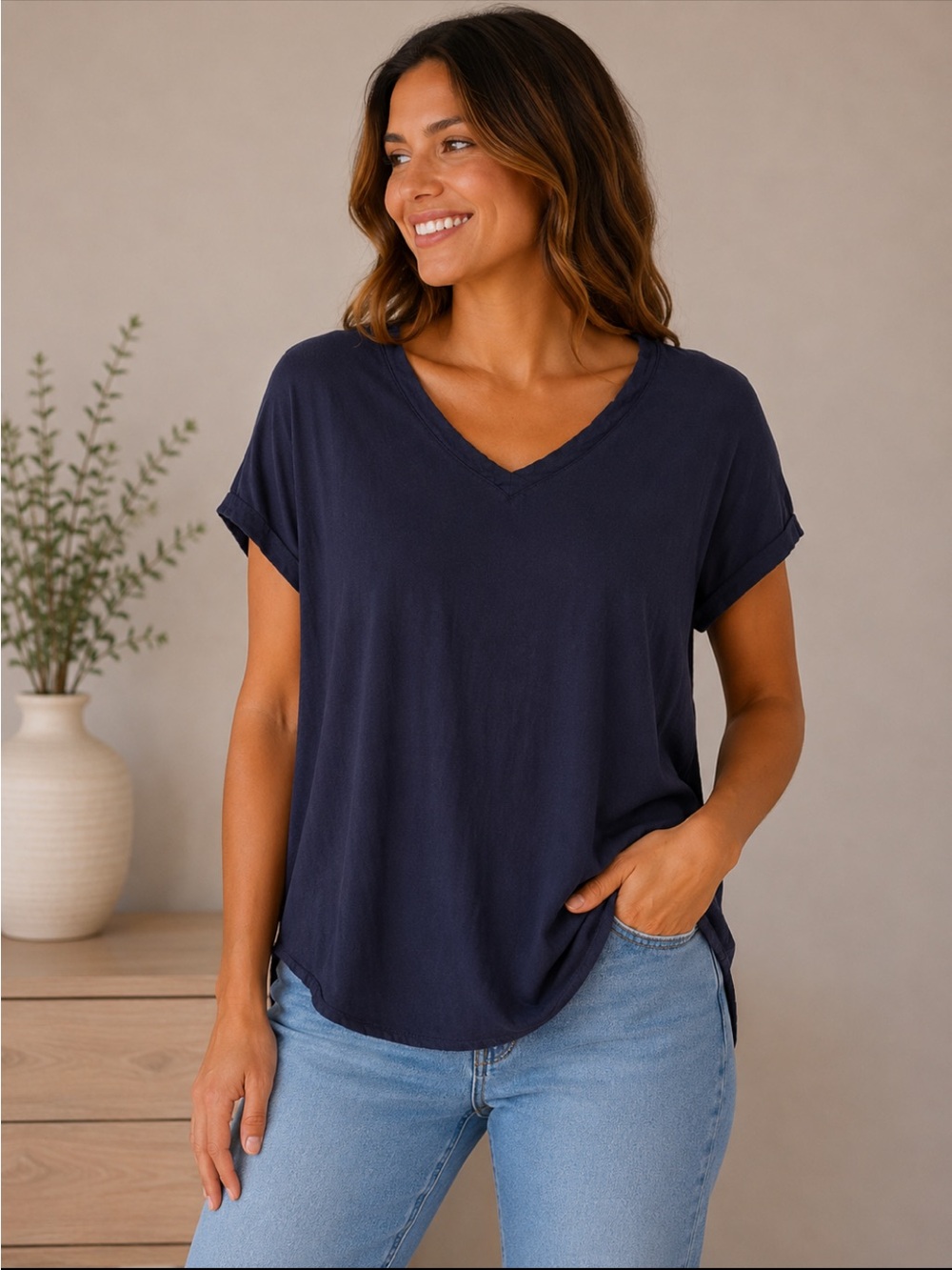 Bella Dahl Navy Short Sleeve V-Neck Tee